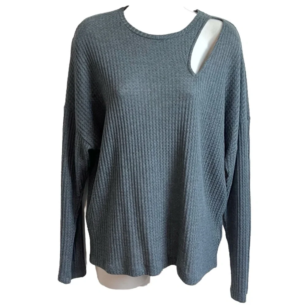 NEW Express Waffle Knit Scoop Neck Long Sleeve Pullover Top Gray high low M